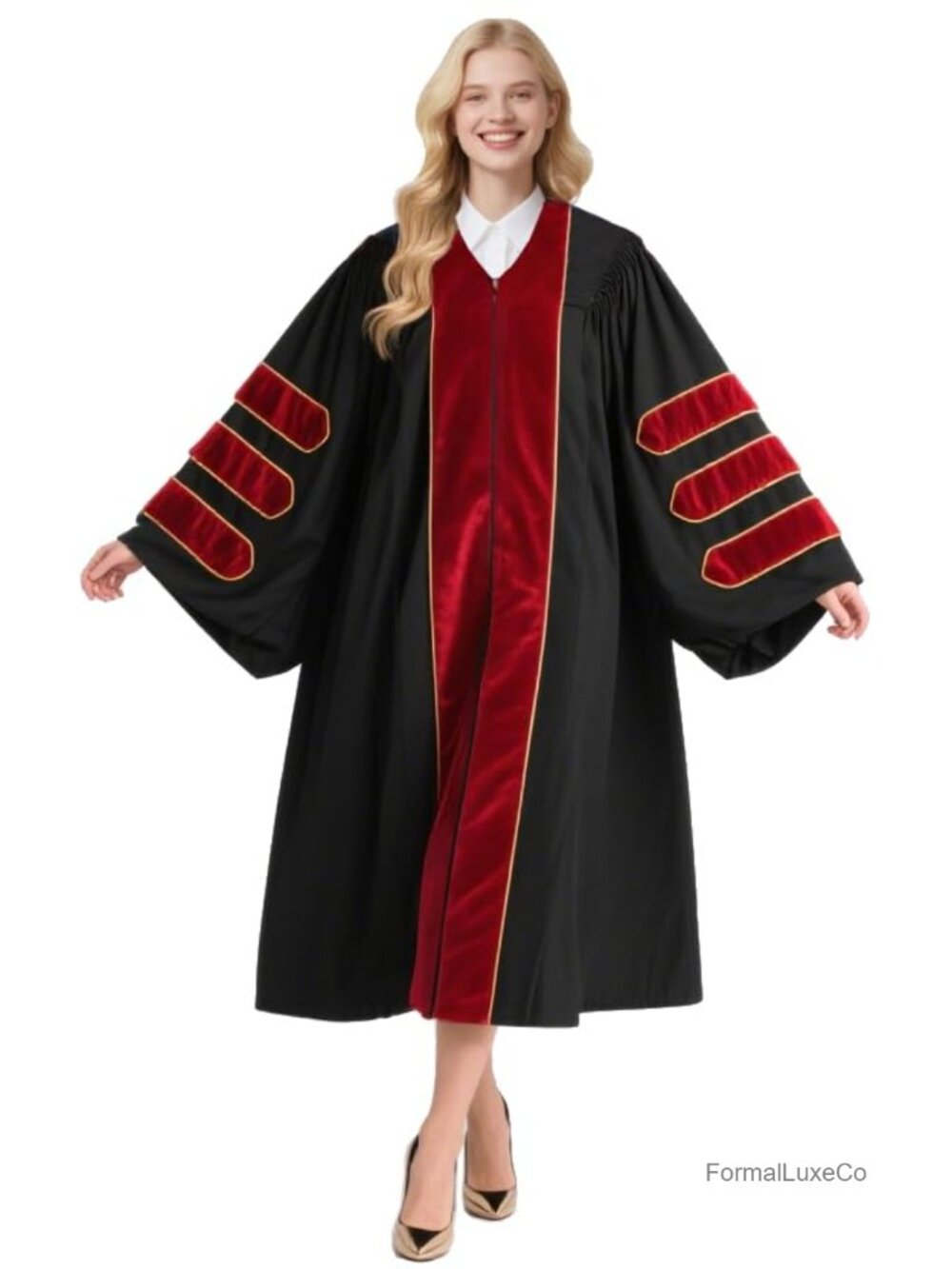 Doctoral Graduation Gown with Velvet Gold Piping Polyester